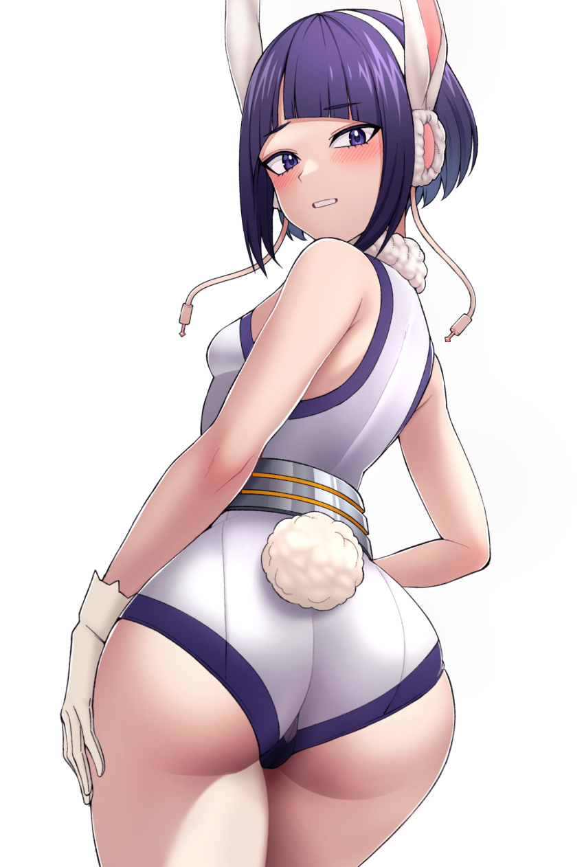 1girls ass blush bunny_ears bunny_tail butt eye_contact female female_focus female_only kobaji kyoka_jiro leotard looking_at_viewer looking_back miruko_(cosplay) my_hero_academia purple_eyes purple_hair short_hair shy simple_background solo thick_thighs thighs