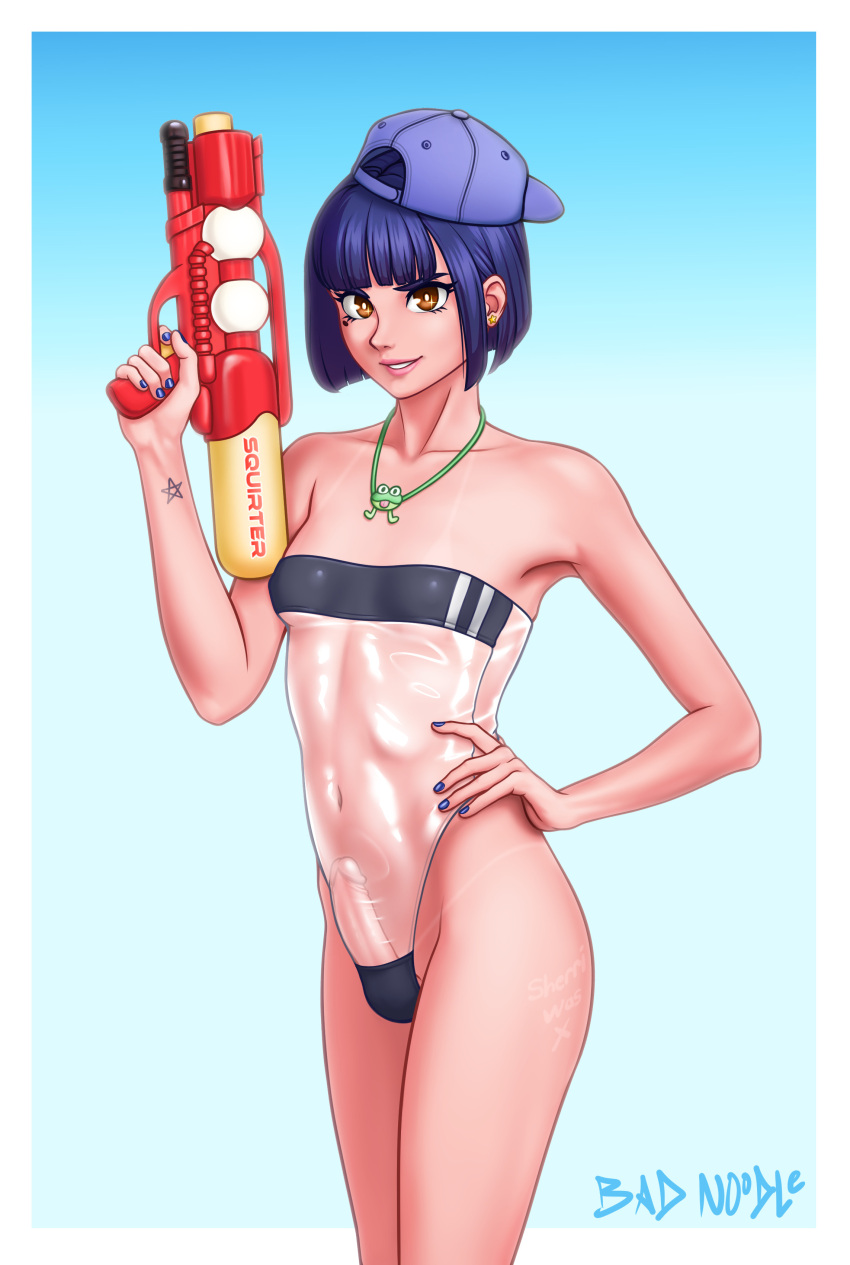 1futa badnoodledoodle blue_hair futa_only futanari gris_swimsuit hand_on_hip hat intersex looking_at_viewer necklace one-piece_swimsuit penis pose short_hair small_breasts smile solo standing swimsuit tanline tomboy water_gun