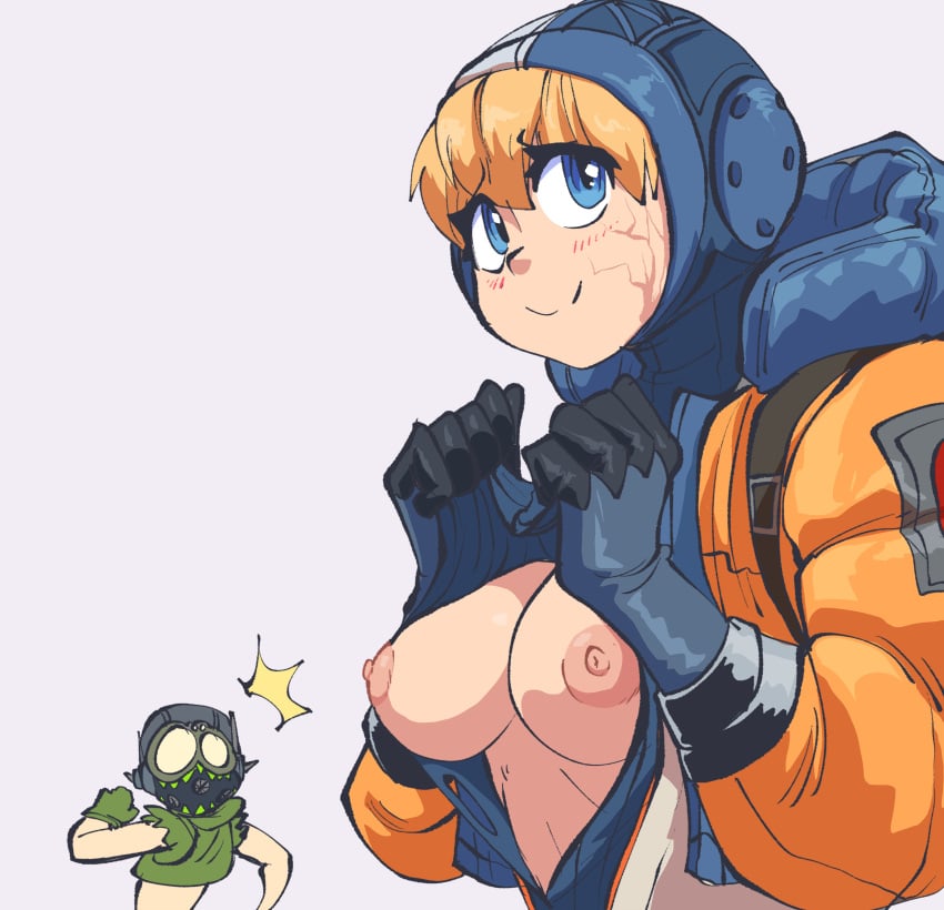 1girls apex_legends blonde_hair breasts breasts_out clothed inkershike lichtenberg_figure medium_breasts nipples octane_(apex_legends) presenting_breasts ro scar smile wa wattson_(apex_legends) white_background