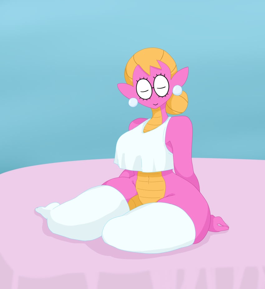 2017 4_fingers amphibian animal_humanoid anthro blonde_hair blush breasts closed_eyes clothing doremianc ear_piercing eyelashes eyewear feet female full_body gem glasses hair hair_bun hi_res humanoid legwear lizard_tail markings multicolored_scales no_underwear non-mammal_breasts noseless one_eye_closed pearl_(gem) piercing pink_scales pink_skin pointy_ears salamander sally_(scalie_schoolie) scales scalie scalie_schoolie shirt simple_background sitting smile solo stockings swimsuit tank_top thick_thighs thigh_highs two_tone_scales underwear voluptuous webcomic wide_hips yellow_skin