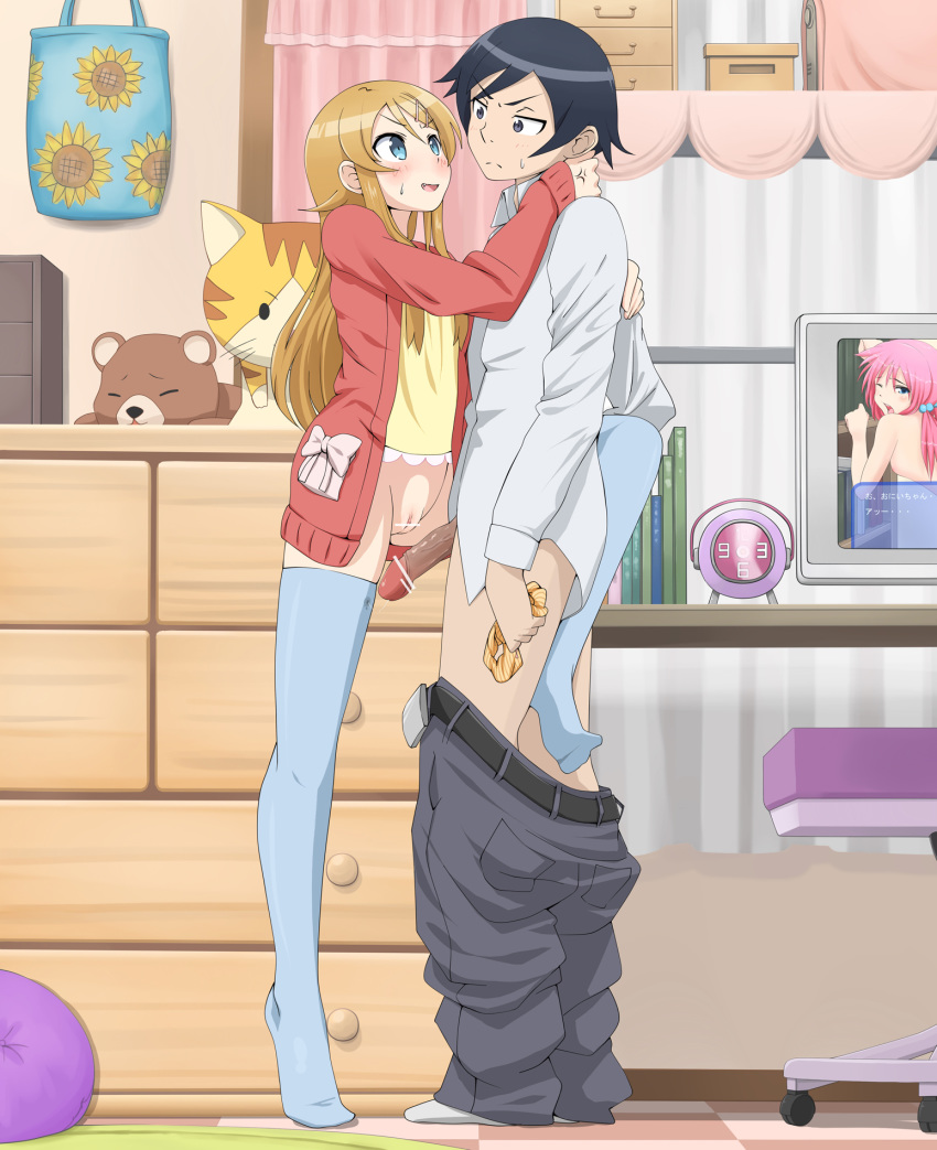 black_hair blue_legwear blue_thighhighs blush bottomless brother_and_sister censored cute_fang female hair_ornament hairclip highres huge_cock human incest kirino_kosaka kousaka_kyousuke legs long_hair male naono no_panties open_mouth orange_hair ore_no_imouto_ga_konna_ni_kawaii_wake_ga_nai penis pink_hair pointless_censoring precum pussy siblings straight stuffed_animal stuffed_toy sweat teddy_bear thighhighs wink