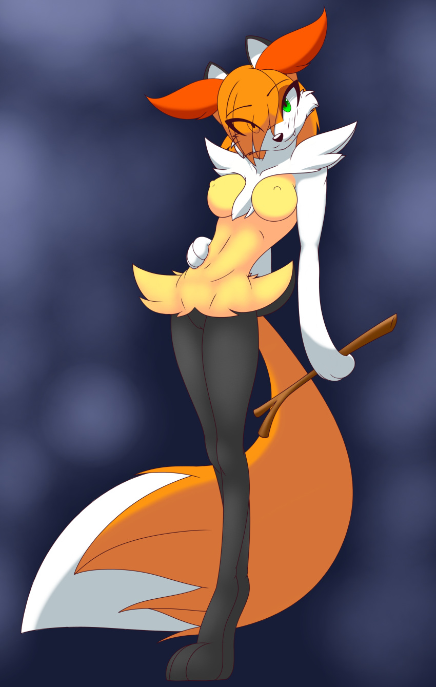 anthro bedroom_eyes braixen breasts cameltoe canine cosplay costume female fox fur green_eyes half-closed_eyes hand_on_hip inner_ear_fluff legacy_of_the_phoenix legwear looking_at_viewer mammal nintendo nipples paws plain_background pokémon_(species) pokemon pokemon_(species) pussy rebecca_cyrus standing stick tights twintailsinc video_games white_fur