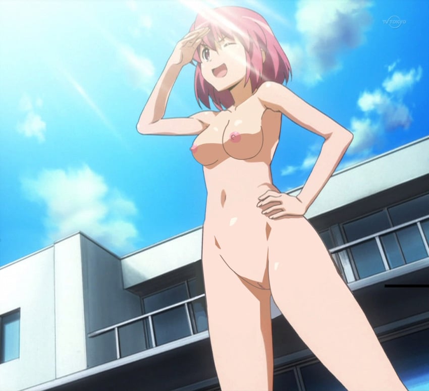 blue_sky breasts brown_eyes building casual clouds dutch_angle female human kushieda_minori nipples nude nude_filter nudist outdoors pale_skin photoshop pink_hair public pussy school solo standing toradora! uncensored undressing zenra