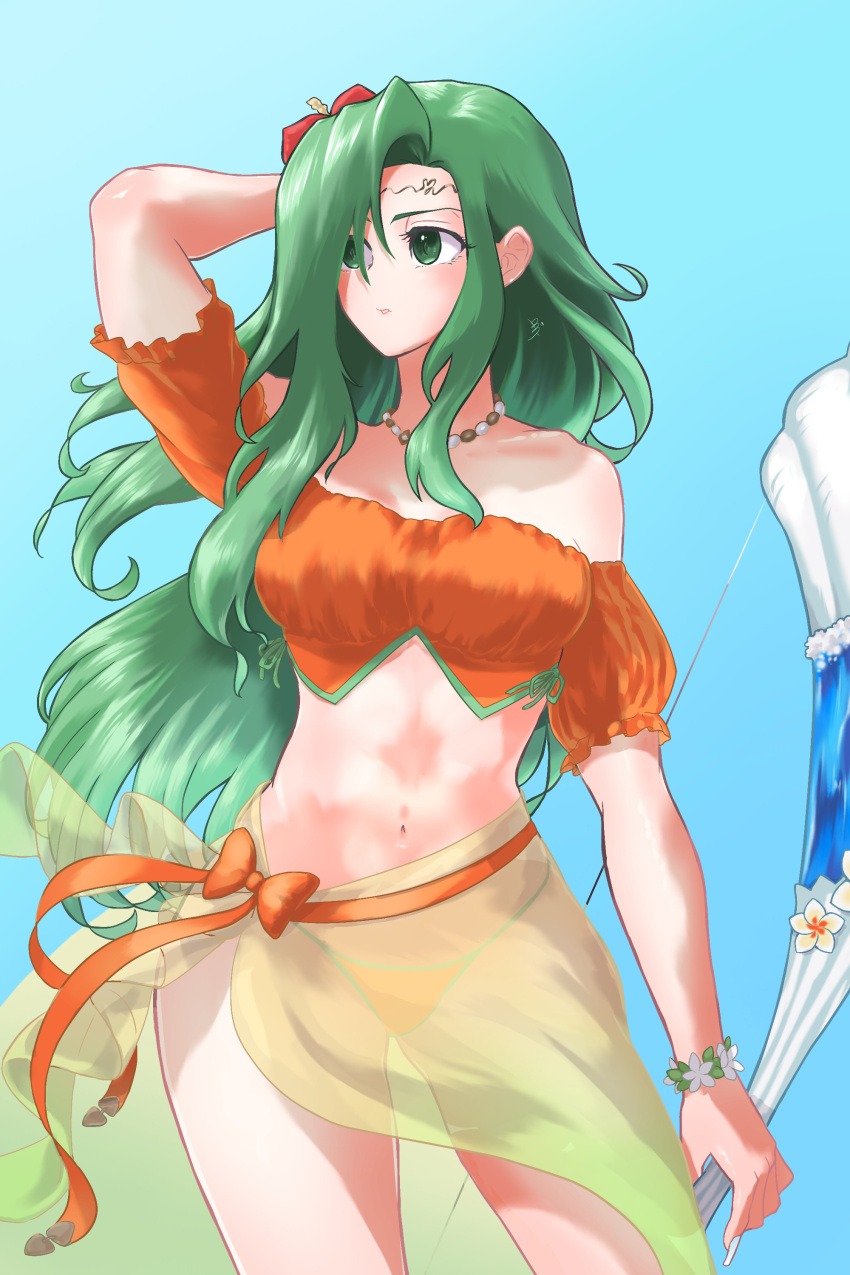 1girls absurdres alternate_costume annand_(fire_emblem) arm_behind_head arm_up bare_shoulders bead_necklace beads bikini blue_background bow_(weapon) breasts cosplay cowboy_shot elincia_ridell_crimea_(cosplay) female female_only fire_emblem fire_emblem:_genealogy_of_the_holy_war fire_emblem:_radiant_dawn fire_emblem_heroes flower green_eyes green_hair hair_flower hair_ornament highres holding holding_bow_(weapon) holding_weapon jewelry long_hair medium_breasts navel necklace nintendo off-shoulder_bikini off_shoulder orange_bikini orange_swimsuit red_flower sarong see-through short_sleeves simple_background solo standing stomach swimsuit ta_dasu_(tadasu_hayashi) thighs very_long_hair weapon