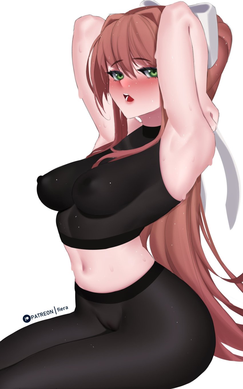 1girls armpits blush breasts cameltoe doki_doki_literature_club erect_nipples erect_nipples_under_clothes eye_contact female fiera_(artist) green_eyes hair_ribbon long_hair looking_at_viewer monika_(doki_doki_literature_club) nipple_bulge pantyhose ponytail sexy_armpits sitting solo sportswear thick_thighs thighs tight_clothing yoga_pants