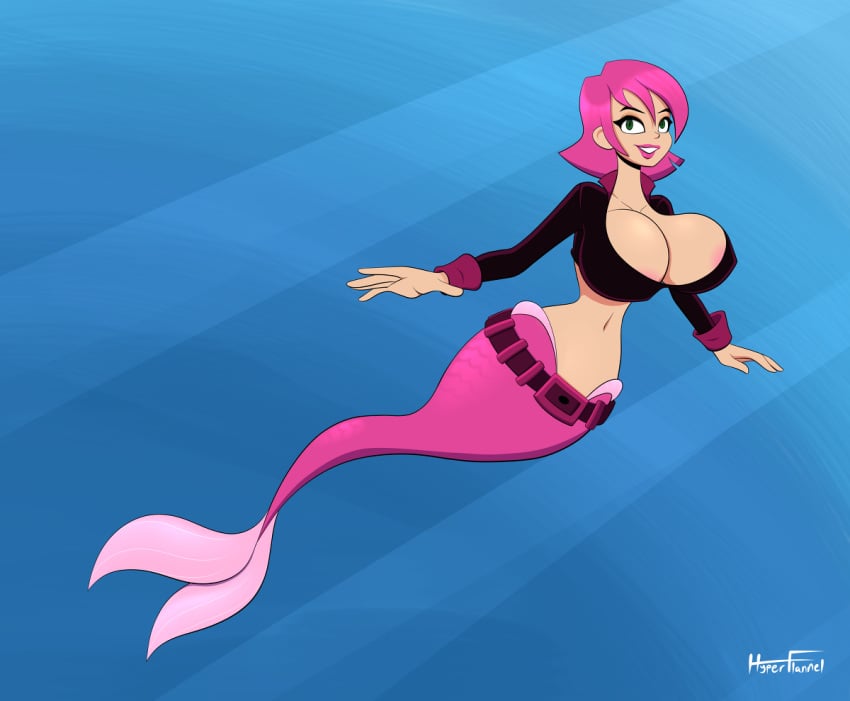 1girls alternate_species alternate_version_available belt black_topwear censored cleavage curvaceous erin_esurance esurance female female_only fully_clothed green_eyes hourglass_figure huge_breasts hyperflannel long_sleeve_shirt mermaid navel pink_hair pink_lipstick pink_tail smiling smiling_at_viewer solo swimming underwater voluptuous