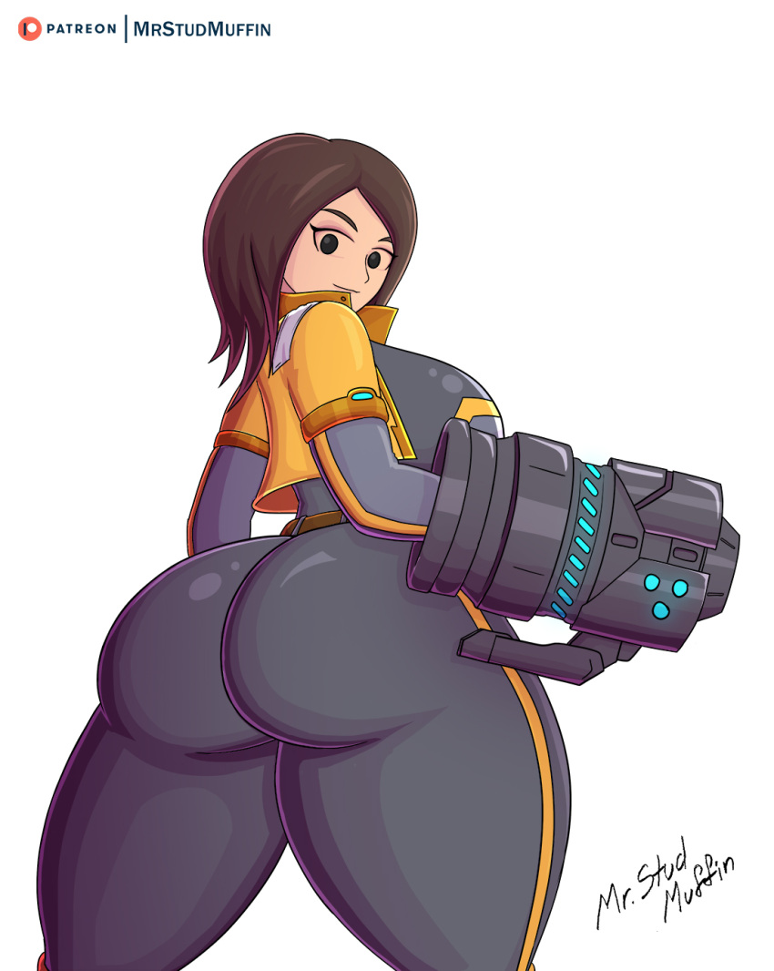 1girls backboob big_butt female huge_ass huge_breasts mii mii_gunner mii_gunner_(smash_ultimate) mob_face mrstudmuffin short_hair simple_background solo super_smash_bros. thick_thighs tight_clothing