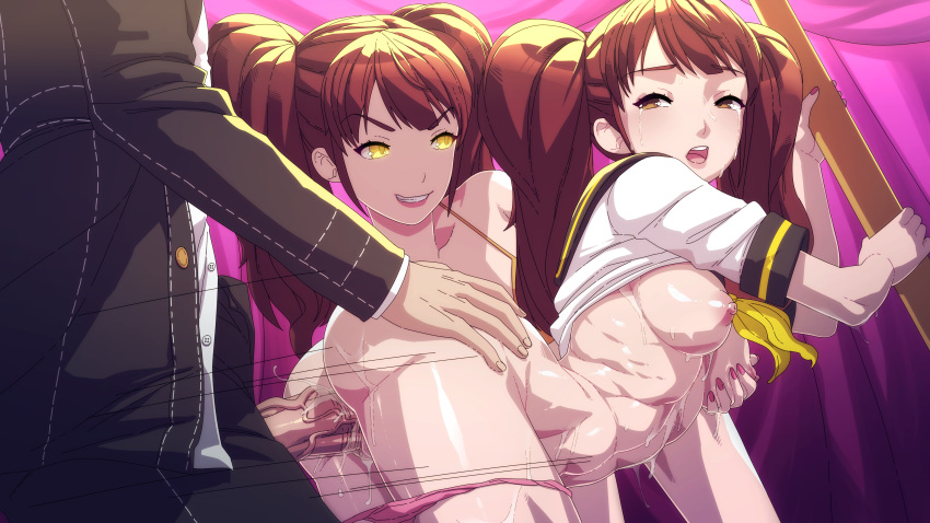 1boy 2girls absurdres blsh breast_grab brown_eyes brown_hair clothes_lift grabbing grin highres kujikawa_rise long_hair multiple_girls narukami_yu narukami_yuu nipples no_bra open_mouth panties panties_around_legs panties_down panty_pull penis persona persona_4 pink_panties school_uniform serafuku sex sex_from_behind shadow_rise shadow_self_(persona) shirt_lift smile tears teeth twintails underwear unseen_male_face vaginal_penetration yellow_eyes