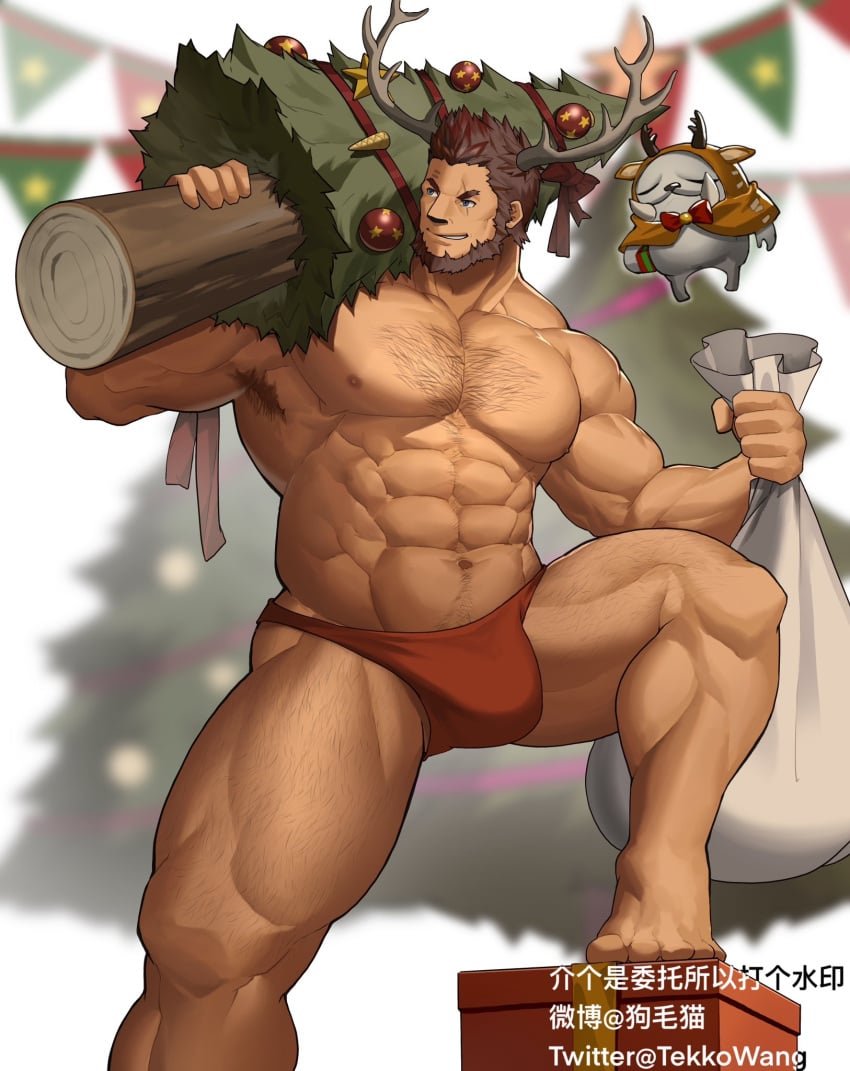 1boy abs anthro anthrofied barefoot beard bulge_through_clothing hairy_armpits hairy_legs hairy_pecs horns large_pectorals male_focus male_nipples male_only muscular muscular_male scar_across_eye smiling tekkowang thick_arms thick_legs