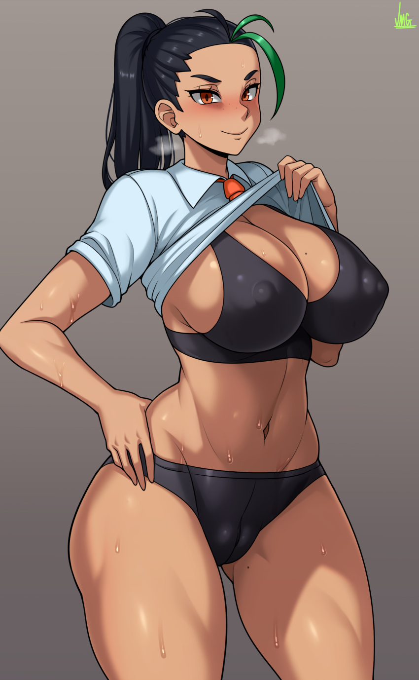 1girls aged_up alternate_breast_size belly belly_button big_breasts black_hair breasts brown_eyes brown_skin dark-skinned_female dark_skin female good_stuff hips huge_breasts jmg large_breasts long_hair midriff navel nemona_(pokemon) nintendo panties pokemon pokemon_sv simple_background slim_waist sports_bra sportswear thick_thighs thighs wide_hips