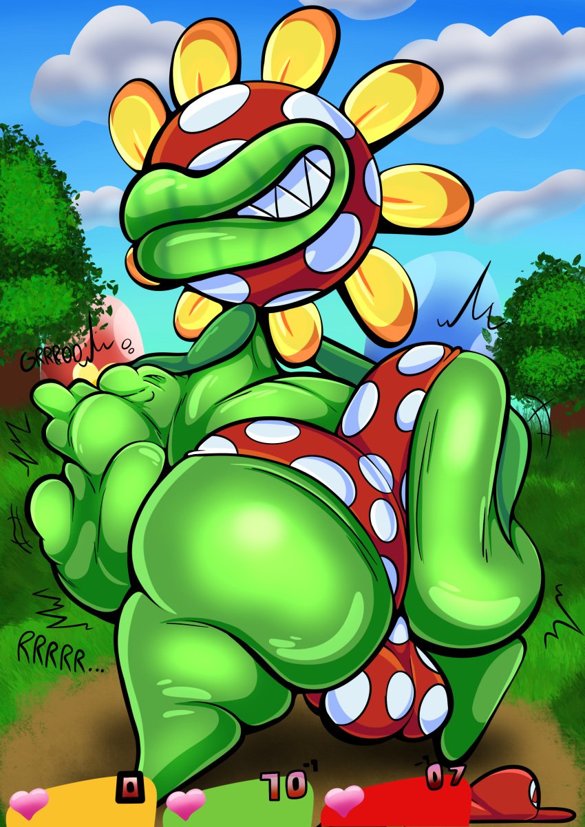 absurd_res anthro ass belly big_belly big_butt big_lips_no_eyes bulge butt_grab clothing digestion elemental_creature face_bulge flora_fauna green_body green_skin hand_on_butt hi_res male male_only male_vore mario_(series) mario_and_luigi_(series) nintendo oral_vore petey_piranha piranha_plant plant screaming solo stomach_bulge tepigfan101 underwear video_games vore