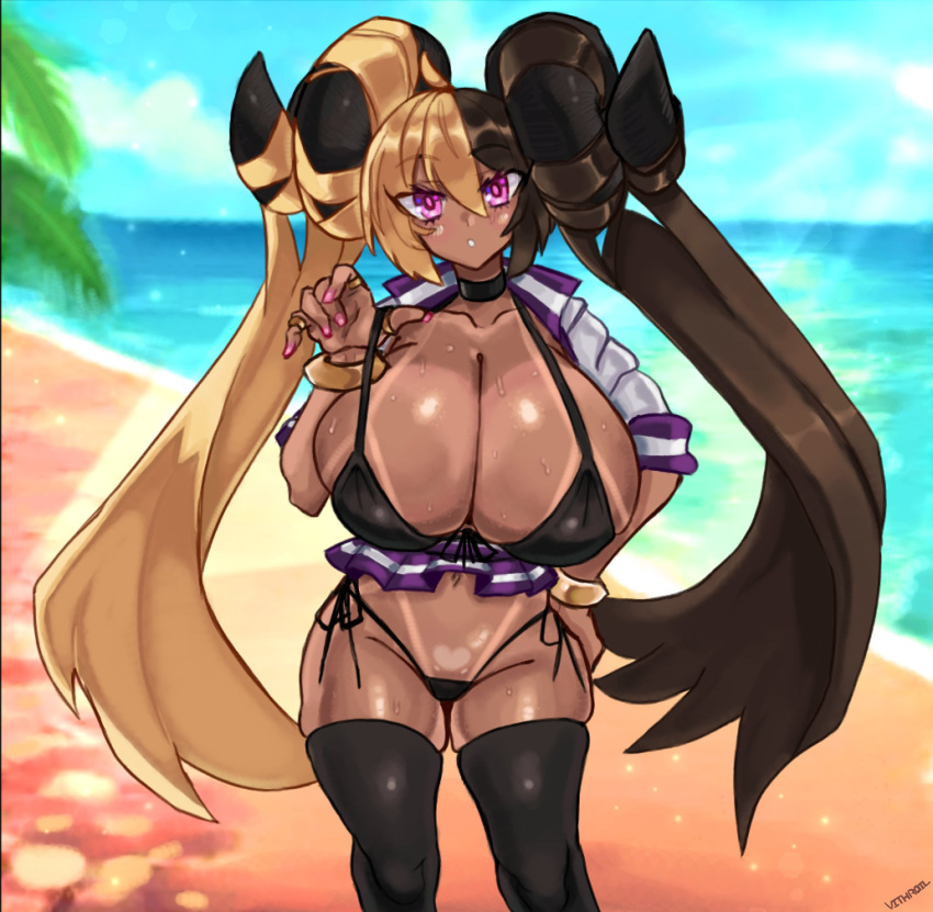 1girls ahoge aife_(zanamaoria) beach big_breasts bikini bikini_pull black_thighhighs blonde_female blonde_hair bracelets brown_hair choker curved_horns demon_horns female female_only gyaru hair_on_horn hand_on_hip hi_res horns light_blush long_hair looking_at_viewer pink_eyes pink_fingernails ring seaside solo solo_female succubus tan_skin tanline thigh_squish thighhighs two_tone_hair vithroil