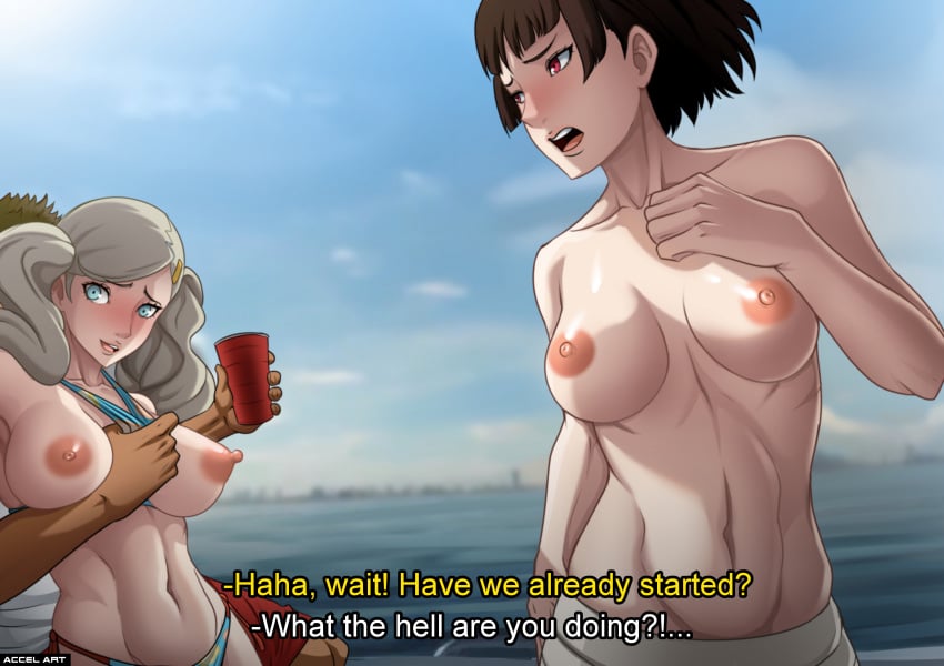 1boy 2girls accelart ann_takamaki aroused beach between_breasts bikini bikini_lift blonde_hair blue_eyes boat breasts breasts_out brown_hair camera clothes_between_breasts embarrassed english_text exhibitionism female femsub flashing large_breasts making_a_porno makoto_niijima male maledom medium_breasts medium_hair midriff multiple_girls nervous nipples on_boat open_clothes open_mouth outdoors persona persona_5 recording red_eyes short_hair smile swimsuit swimsuit_pull text thick_thighs thighs topless twintails