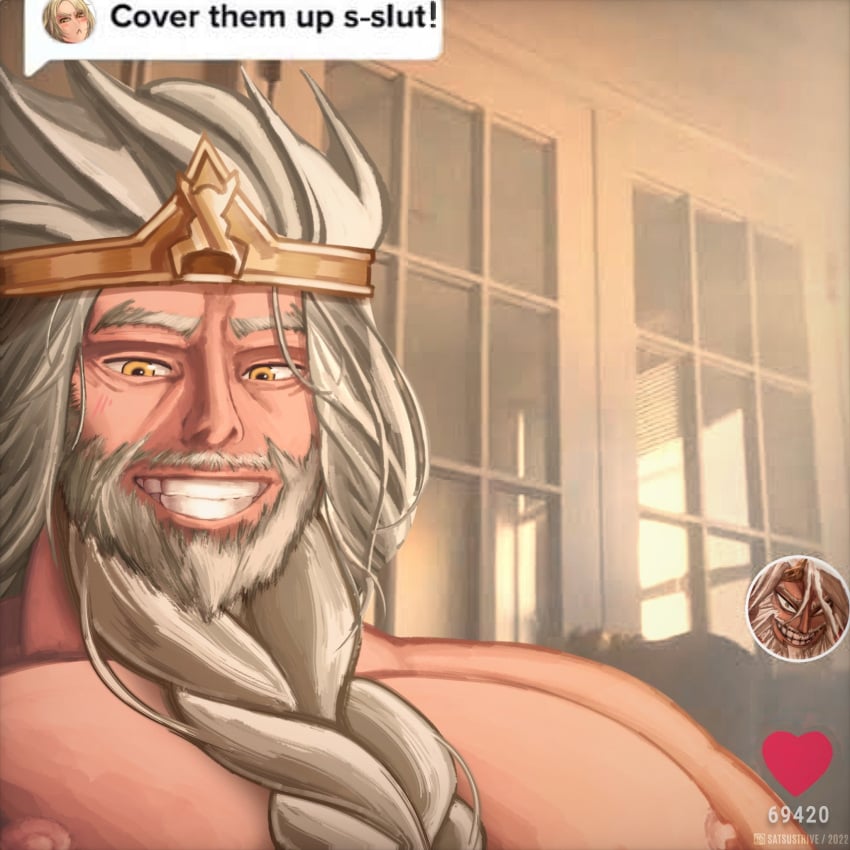 1boy bara_tits blonde_hair blush cover_them_up_slut elden_ring female fromsoftware godfrey_first_elden_lord husband_and_wife male male_focus male_only manboobs meme muscular_male nipples queen_marika_the_eternal satsustrive selfie smile tiktok tiktok_overlay topless