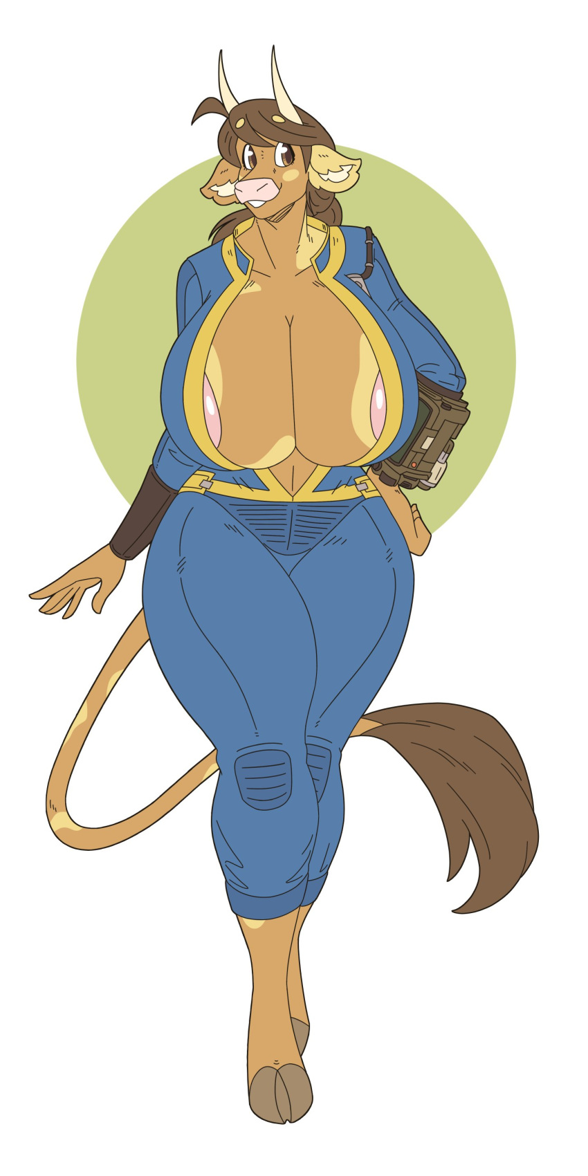 1girls anthro areola_slip bovine bovine brown_eyes brown_hair commission cow_ears cow_horns fallout female female_only hooves horns huge_breasts inner_sideboob long_hair looking_at_viewer molly_(slightlysimian) pip-boy slightlysimian smiling_at_viewer solo solo_female tail tail_tuft thick_thighs vault_suit very_high_resolution wide_hips