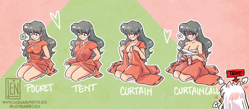 aquarina artist_name artist_signature blushing breast_wrap canon_couple curtain_call_challenge husband_and_wife inuyasha inuyasha_(character) kagome_higurashi looking_at_partner meme multiple_poses nipple_peek undressing wearing_others_clothes