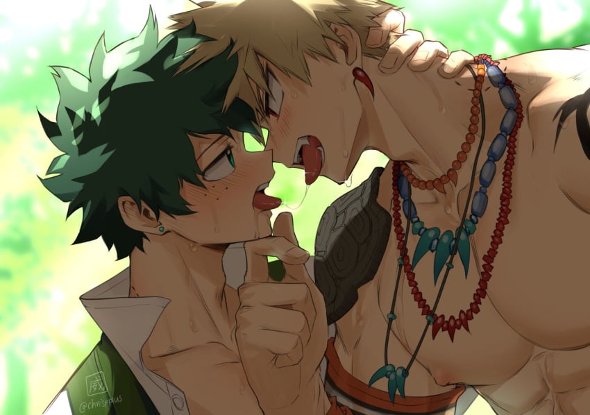 2boys abs blonde_hair cartoony chrispplus gay green_eyes green_hair hand_on_neck human izuku_midoriya katsuki_bakugou kissing male male_nipples male_only muscles muscular_male my_hero_academia necklace red_eyes saliva shirtless six_pack spiky_hair tongue tongue_out yaoi