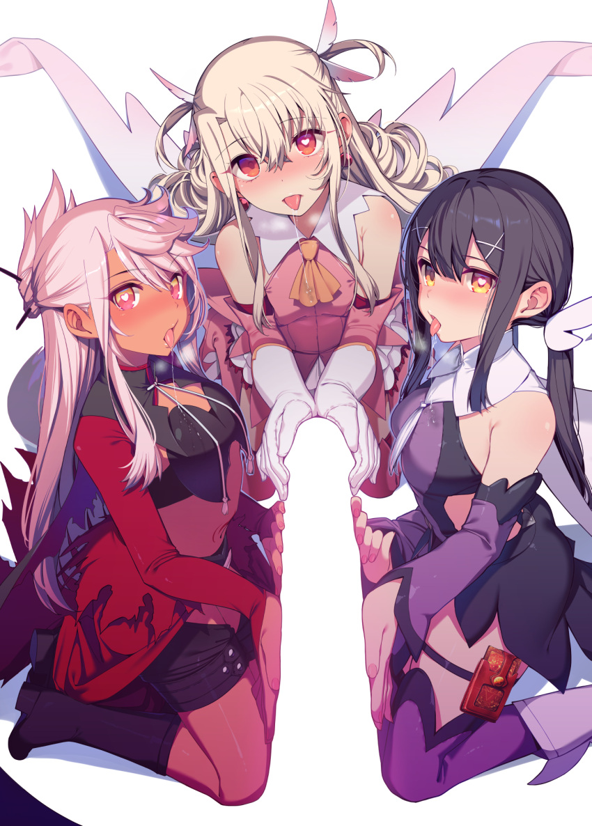 1boy 3girls armor ascot bangs bare_shoulders black_hair black_panties blush boots breastplate breasts bridal_gauntlets brown_eyes cape chloe_von_einzbern dark-skinned_female dark_skin detached_sleeves dress elbow_gloves emiya_shirou fate/kaleid_liner_prisma_illya fate_(series) feather_hair_ornament feathers gloves hair_between_eyes hair_bun hair_ornament hairclip hairpin half_updo heart-shaped_pupils highres hypnosis illyasviel_von_einzbern kneeling large_penis layered_gloves leotard long_hair long_sleeves looking_at_viewer magical_girl mind_control miyu_edelfelt multiple_girls navel open_mouth orange_eyes panties penis pink_dress pink_footwear pink_gloves pink_hair pov prisma_illya purple_leotard purple_sleeves red_cape red_eyes santa_(sunflower) shrug_(clothing) sidelocks skirt small_breasts stomach_tattoo tattoo thigh_boots thighhighs thighhighs_under_boots thighs tongue tongue_out twintails two_side_up underwear waist_cape white_cape white_footwear white_gloves white_hair white_skirt