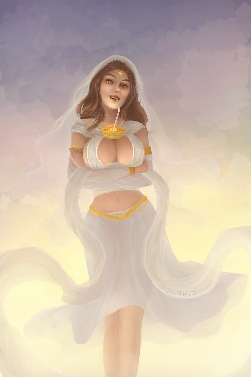 arms_crossed_under_breasts big_breasts brown_hair bubble_tea_challenge circlet cleavage crossed_arms dark_souls detached_sleeves female female_only fromsoftware goddess gold_(metal) headwear lace lace_trim long_hair looking_at_viewer nyanpix painting_(artwork) queen_of_sunlight_gwynevere smile solo tiara veil yellow_eyes