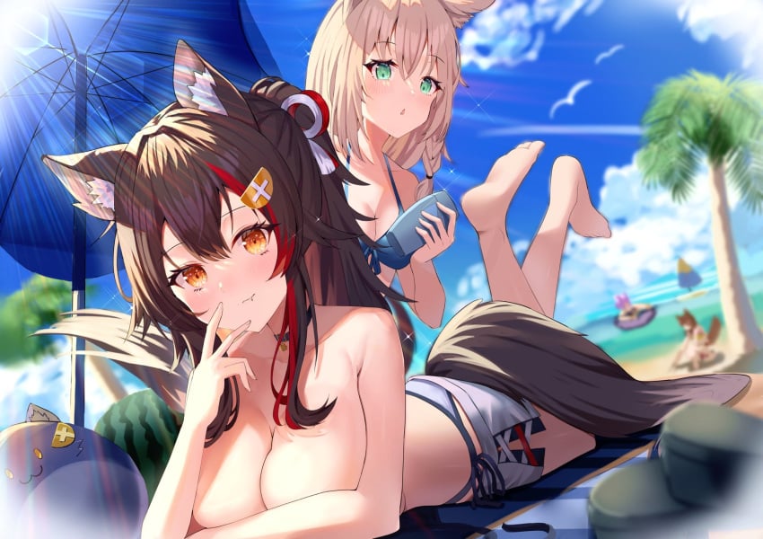 4girls animal_ear_fluff animal_ears bangs beach bikini bikini_bottom_only black_hair blue_bikini blurry blurry_background blush breasts brown_hair cat_ears cat_girl cleavage cloud cloudy_sky commentary_request day dog_ears dog_girl dog_tail food fox_ears fox_girl fox_tail fruit green_eyes hair_between_eyes hair_ornament hairclip highres holding hololive hololive_gamers hololive_gen_1 hololive_japan innertube inugami_korone long_hair looking_at_viewer lying medium_breasts miochun mugicho_(kdks5554) multicolored_hair multiple_girls nekomata_okayu ocean on_stomach ookami_mio outdoors palm_tree parasol ponytail purple_hair red_hair shirakami_fubuki short_shorts shorts sidelocks sky small_breasts streaked_hair swimsuit tail tree umbrella virtual_youtuber watermelon white_hair wolf_ears wolf_girl wolf_tail yellow_eyes