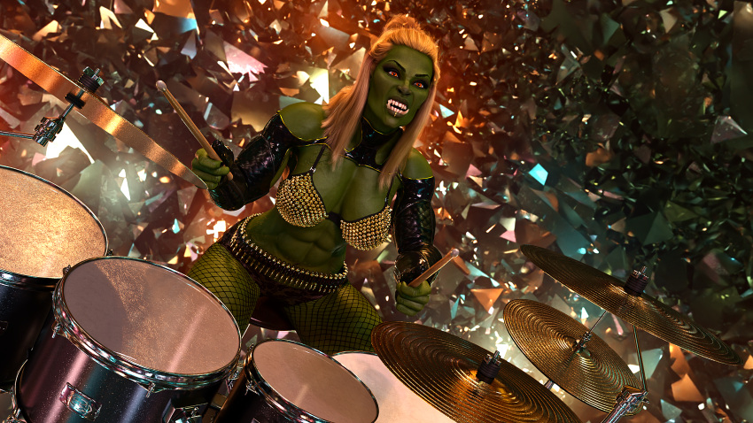 1girls 2022 3d abs belt bra bullet_belt drummer dutch_angle female female_only fishnet_legwear fishnets green_body green_skin large_breasts long_hair muscular muscular_female musician orange_hair orc orc_female roiddolls seated sitting slushe_(website) solo solo_female spiked_bra tusks veiny_breasts