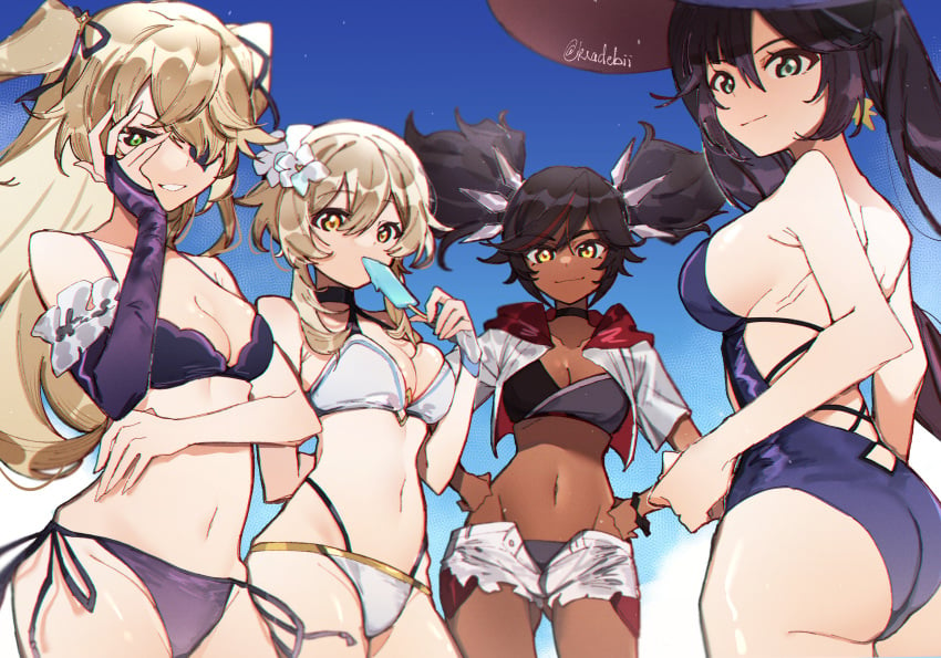 4girls ass bikini black_hair blue_swimsuit breasts cleavage dark-skinned_female dark_skin detached_sleeves eyepatch female female_only fischl_(genshin_impact) genshin_impact highres kradebii looking_at_viewer lumine_(genshin_impact) medium_breasts mona_(genshin_impact) multiple_girls navel one-piece_swimsuit one_eye_covered open_clothes open_shorts purple_bikini shorts sideboob smile swimsuit twintails two_side_up white_bikini white_shorts xinyan_(genshin_impact) yellow_eyes