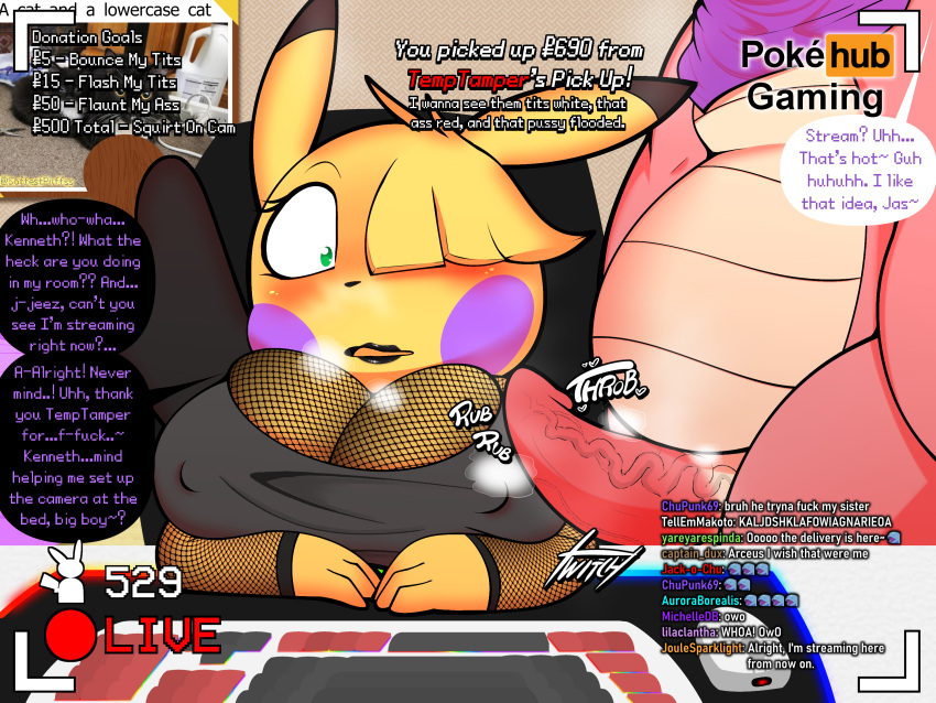 anthro big_breasts blush breasts chat clothed clothing digital_media_(artwork) duo english_text erection female fishnet fishnet_clothing fishnet_topwear fur genitals hair hi_res livestream male male/female mammal nintendo nipple_outline nude open_mouth penile penis pikachu pink_body pink_fur pokémon_(species) pokemon rodent simple_background slowbro softestpuffss stream_chat streaming text topwear video_games yellow_body yellow_fur