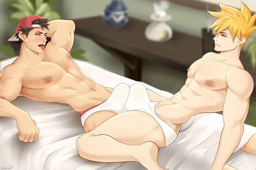 2boys ass blue_(pokemon) blue_oak brown_hair gasaiv hat male male/male male_only massage muscles pokemon pokemon_sm red_(pokemon) underwear