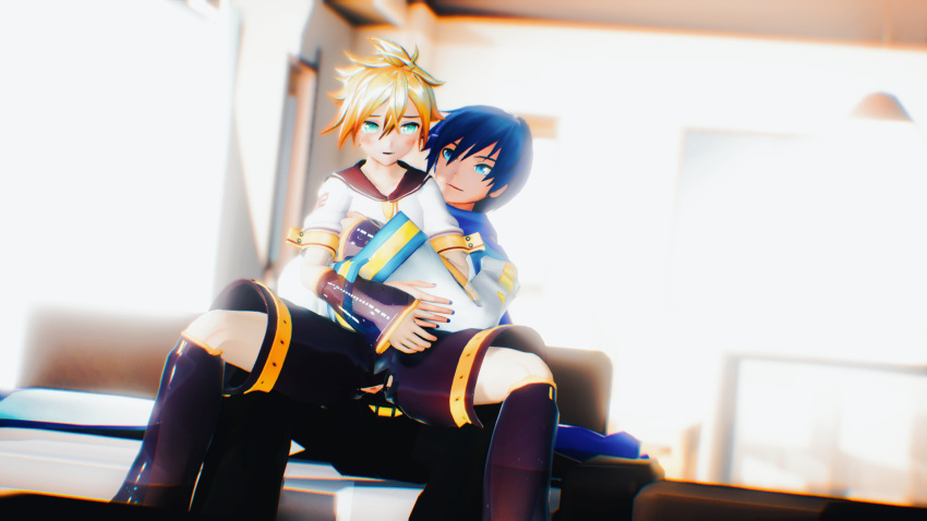 2boys clothed flustered gay kagamine_len kaito_(vocaloid) male male_focus male_only male_with_painted_nails yaoi