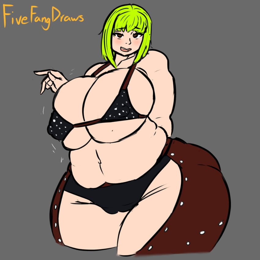 black_bra black_panties blush breasts brown_eyes chaps chubby color gokusenpai green_hair huge_breasts looking_at_viewer original_character smile thick_thighs wide_hips