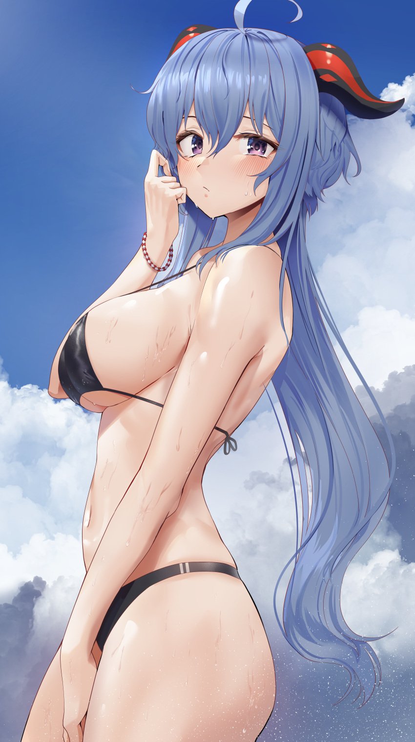 1girls anthro bare_shoulders bikini black_bikini blue_hair blush breasts busty cloud curvy female female_only ganyu_(genshin_impact) genshin_impact goat_horns goback hi_res horns large_breasts light-skinned_female light_skin long_hair looking_at_viewer ponytail purple_eyes sideboob sky swimwear thick_thighs wet wet_body