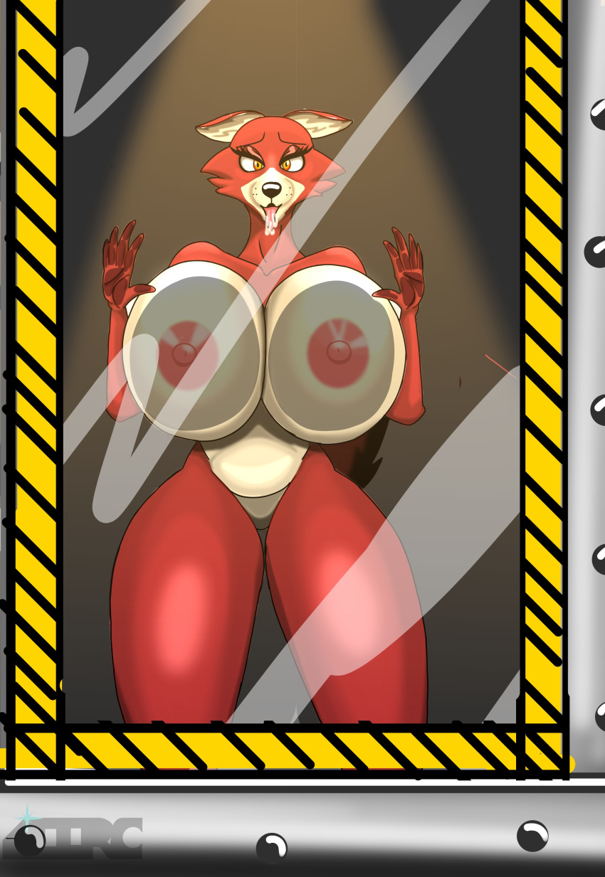 absurd_res against_surface anthro big_breasts bodily_fluids breast_squish breasts breasts_on_glass canid canine canis curvy_figure female five_nights_at_freddy's fox foxy_(fnaf) hi_res hourglass_figure huge_breasts humanoid irc_(artist) mammal nipples on_glass presenting pressed_against pressing_against_cheek saliva scottgames solo squish thick_thighs video_games