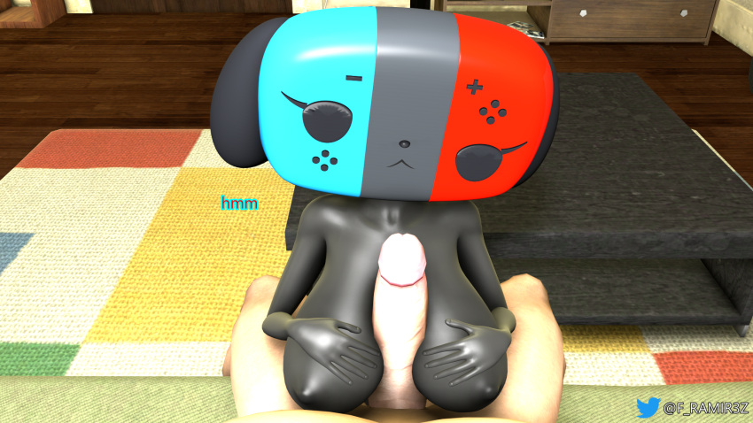 big_breasts big_penis black_body black_eyes black_hair boobjob breasts f_ramir3z mob_face nintendo nintendo_switch paizuri penis_awe small_ass small_butt switch_dog