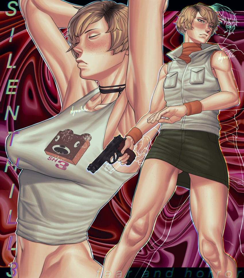 armpit_crease armpits arms_up blonde_female blonde_hair breasts choker closed_eyes dyed_hair female firearm freckles fully_clothed gun handgun heather_mason human medium_breasts miniskirt navel no_bra nyoolie outerwear pale_skin ribbon_choker short_hair silent_hill silent_hill_3 sleeveless tank_top toned toned_female turtleneck very_short_hair weapon wristbands wristwear