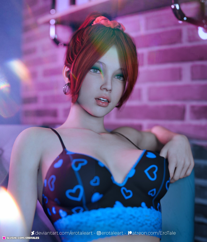 1girls 2022 3d black_and_blue_bra black_bra bra claris_(erotales) depth_of_field earrings erotales female female_only heart_print heart_print_bra indoors large_breasts original_character pale-skinned_female pale_skin print_bra red_hair seated short_hair sitting slushe_(website) solo solo_female