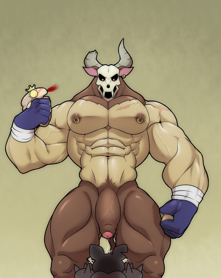 abs alphamoonlight anthro bodily_fluids bone bovid bovine breasts clothing european_mythology genital_fluids genitals gloves greek_mythology group handwear hi_res horn male male_focus male_only male_solo mammal minotaur minotaur_(the_legend_of_pipi) muscular muscular_anthro muscular_male mythology nipples penis piercing pipi_(the_legend_of_pipi) precum ring ring_piercing scar sheep_princess_(the_legend_of_pipi) skeleton solo solo_male sweat sweatdrop the_legend_of_pipi