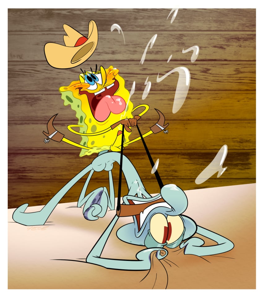 2boys ass blush cowboy_shot cum cum_on_chest ejaculation gay gripping_sheets happy_sex horse riding semen spongebob_squarepants spongebob_squarepants_(character) squidward_tentacles yaoi yece