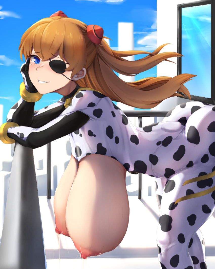 1girls asuka_langley_sohryu breastless_clothes breasts_out cow_girl cow_suit cowgirl dantes_ward eyepatch gigantic_breasts hanging_breasts huge_breasts lactation long_hair neon_genesis_evangelion nipples rebuild_of_evangelion tight_clothing