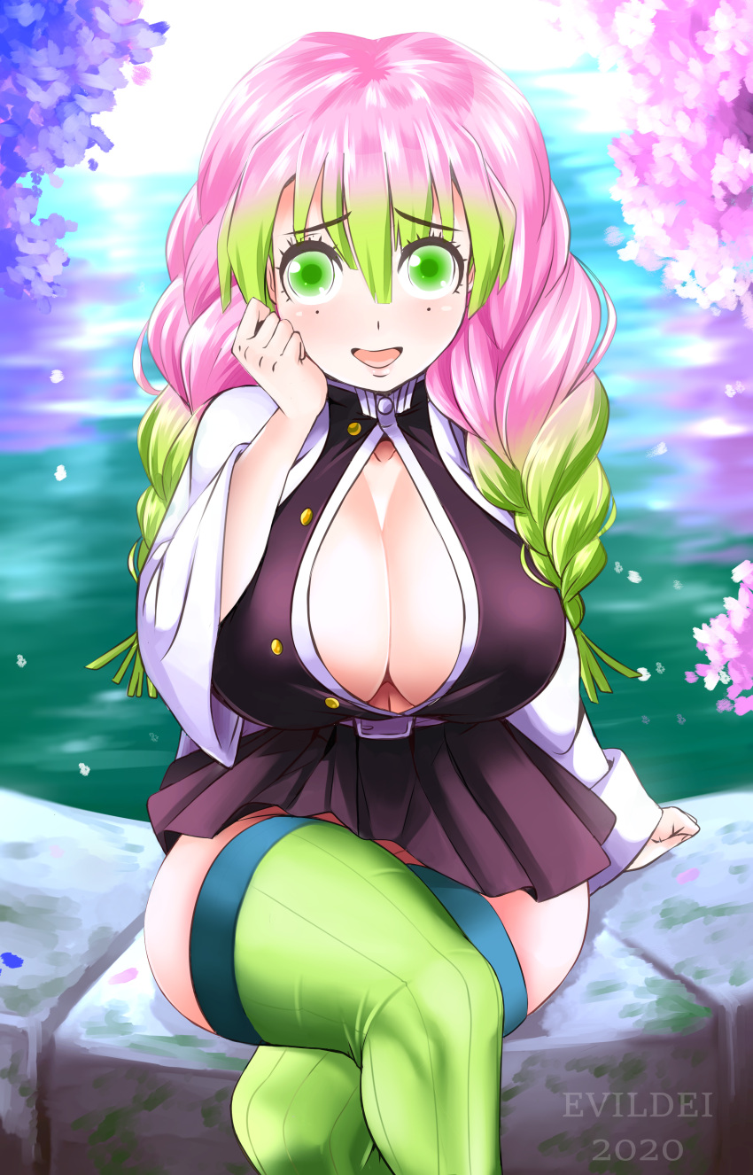 big_breasts braided_hair cleavage crossed_legs demon_slayer evildei female female_only green_eyes haori hi_res kanroji_mitsuri kimetsu_no_yaiba long_hair looking_at_viewer miniskirt mole_under_eye no_bra open_shirt pink_hair pleated_skirt simple_background sitting smile solo thick_thighs two_tone_hair uniform