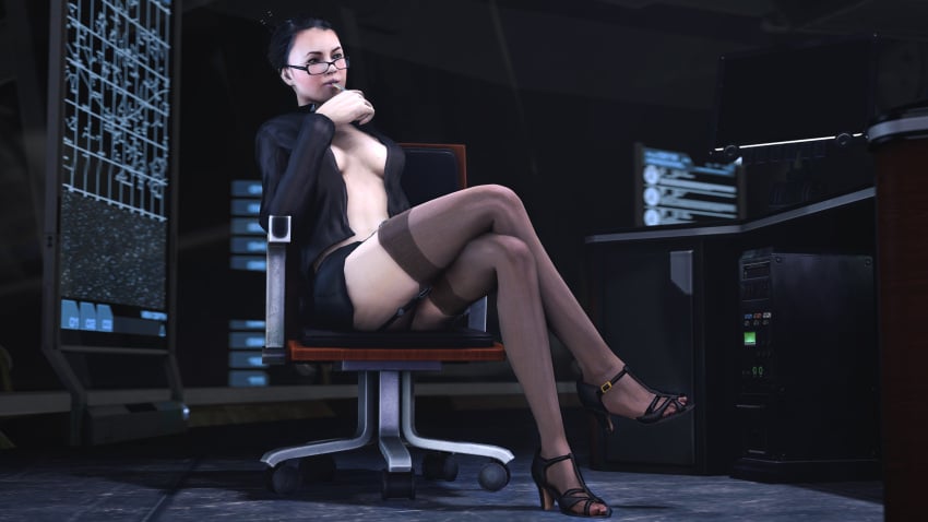 3d alternate_costume asian_female ass brown_eyes cleavage crossed_legs female_focus female_only femsub glasses happy high_heels hitman hitman_absolution jade_nguyen large_breasts open_clothes open_shirt qeteshsfm sitting skirt smile solo source_filmmaker teasing thighhighs upskirt