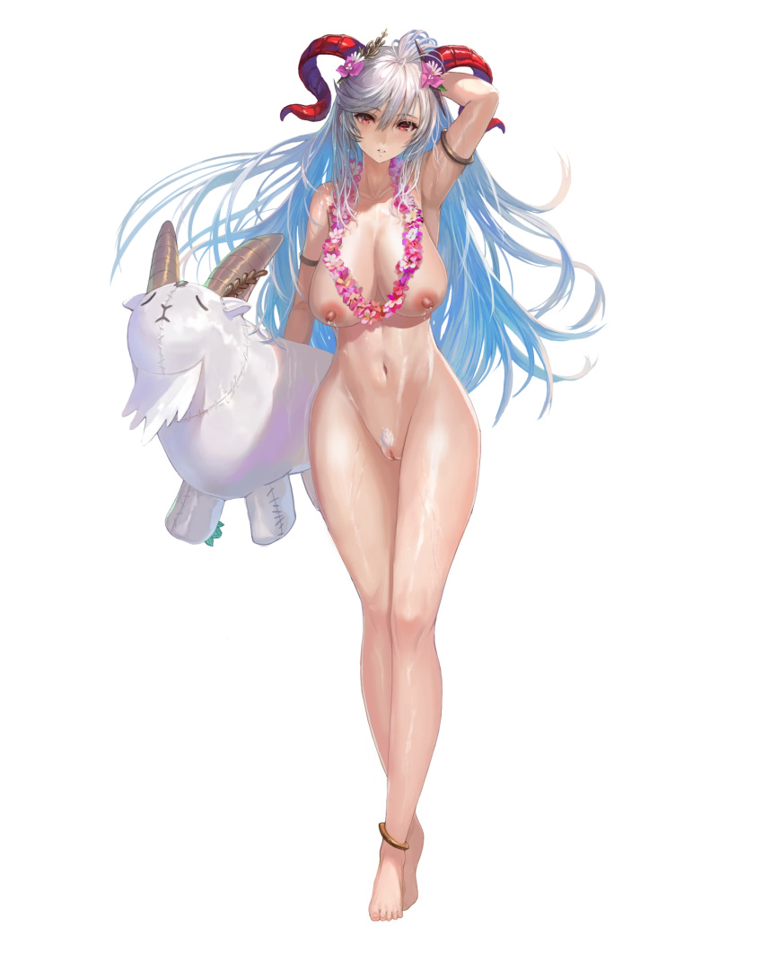 1girls alternate_costume armpits bare_legs biggitybiggitybig blue_hair breasts colored_inner_hair completely_nude edit female female_only female_pubic_hair fire_emblem fire_emblem_heroes flower flower_necklace freyja_(fire_emblem) freyja_(summer)_(fire_emblem) goat grey_hair hair_flower horns lactation large_breasts legs long_hair looking_at_viewer multicolored_hair nintendo nipples nude nude_female nude_filter official_alternate_costume plushie pubic_hair pussy samuraijam34 solo transparent_background very_long_hair