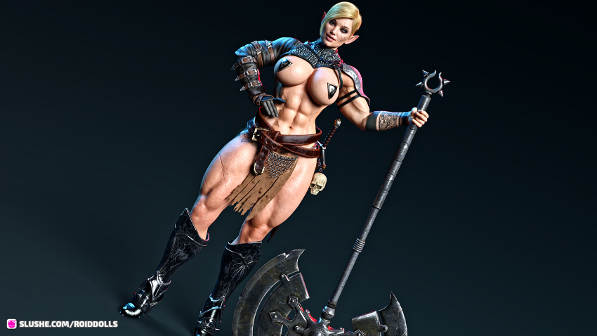 1girls 2022 3d abs armor asymmetrical_armor asymmetrical_clothes asymmetrical_sleeves blonde_hair clothed clothing dutch_angle elf elf_ears female female_only gloves gradient_background holding_battle_axe holding_object holding_weapon huge_breasts looking_at_viewer muscular muscular_female pasties pelvic_curtain pinup plate_armor pointy_ears roiddolls short_hair slushe_(website) solo solo_female standing