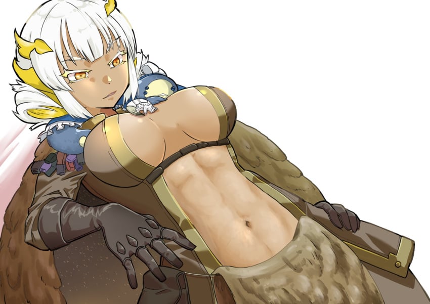 big_breasts cape female female_only gloves made_in_abyss no_bra open_clothes open_shirt revealing_clothes short_hair solo srajo tan_skin toned toned_female toned_stomach two_tone_hair white_hair yellow_eyes