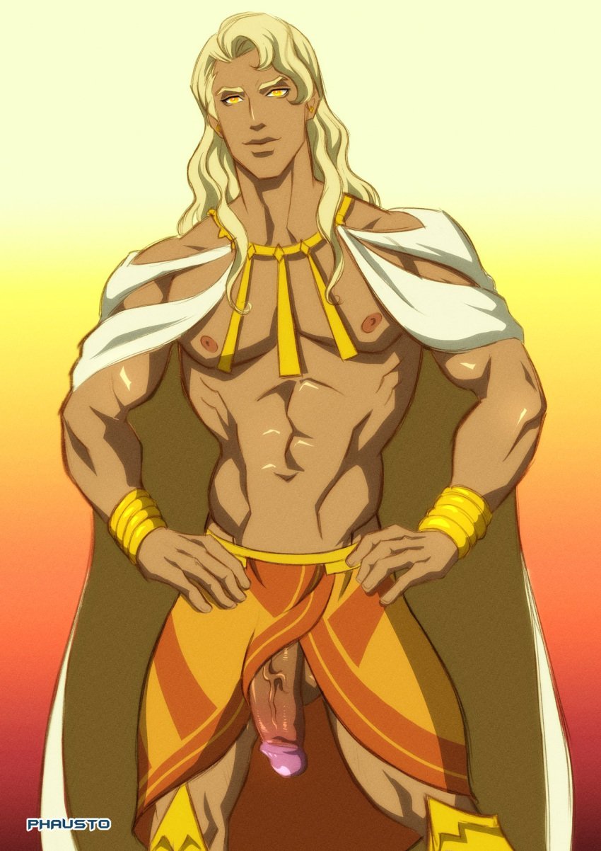 1boy apollo_(blood_of_zeus) apollo_(mythology) blonde_hair blood_of_zeus deity flaccid flaccid_penis god greek_mythology hands_on_hips long_hair looking_at_viewer male male_only muscles muscular muscular_male penis_out penis_peek phausto retracted_foreskin solo_male tan_skin uncut veiny_penis