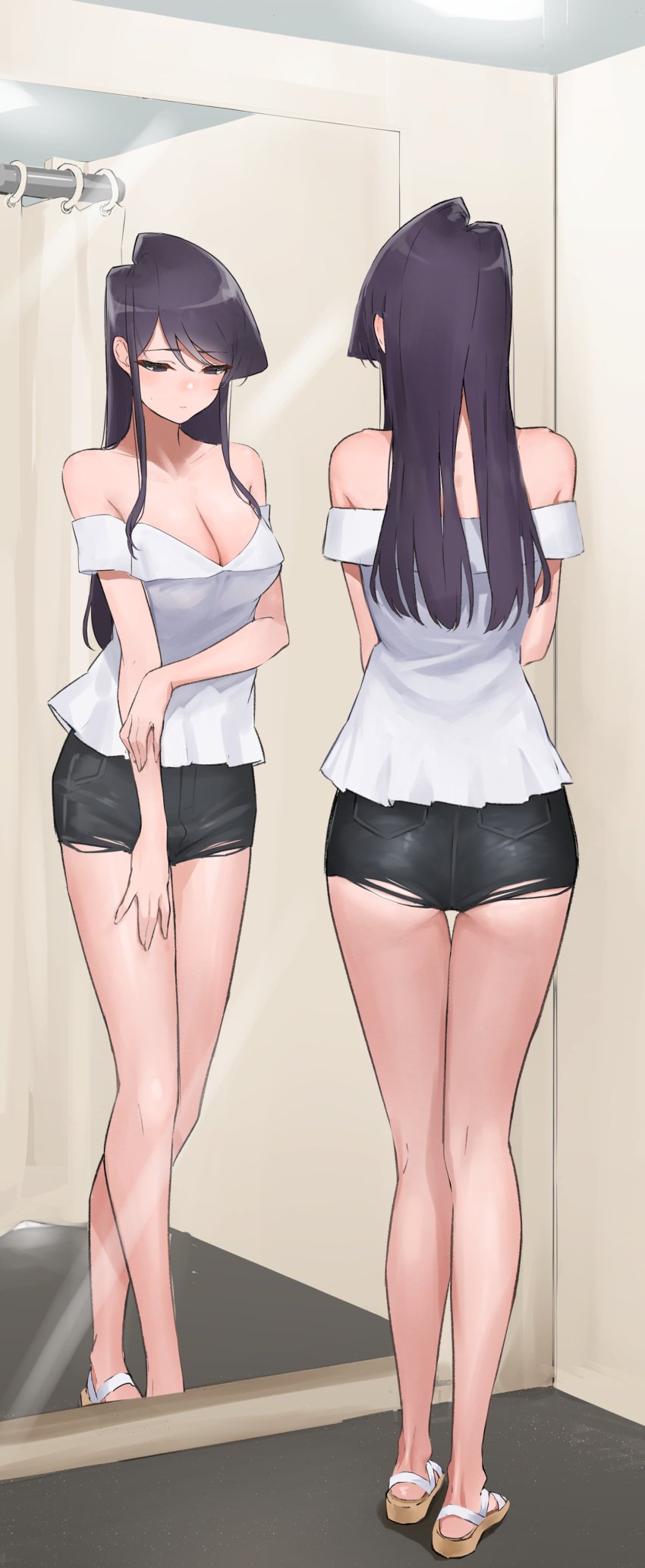 asian big_breasts black_hair booty_shorts breasts dark_hair exposed_shoulders fitting_room komi-san_wa_komyushou_desu komi_shouko large_breasts legs long_hair mirror sandals shorts shoulders shy takita thick thick_legs thick_thighs thigh_gap thighs