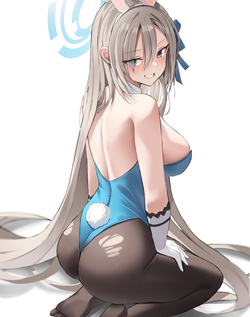 1girls 2022 absurdres animal_ears ass asuna_(blue_archive) asuna_(bunny)_(blue_archive) black_pantyhose blue_archive blue_eyes blue_leotard breasts bunny_ears bunny_tail elbow_gloves eyes_visible_through_hair fake_animal_ears fake_tail female female_focus female_only gloves grey_hair grin halo highres large_breasts leotard looking_at_viewer pantyhose playboy_bunny seductive_smile smile solo solo_female t373412 tail thighs torn_clothes torn_legwear white_gloves