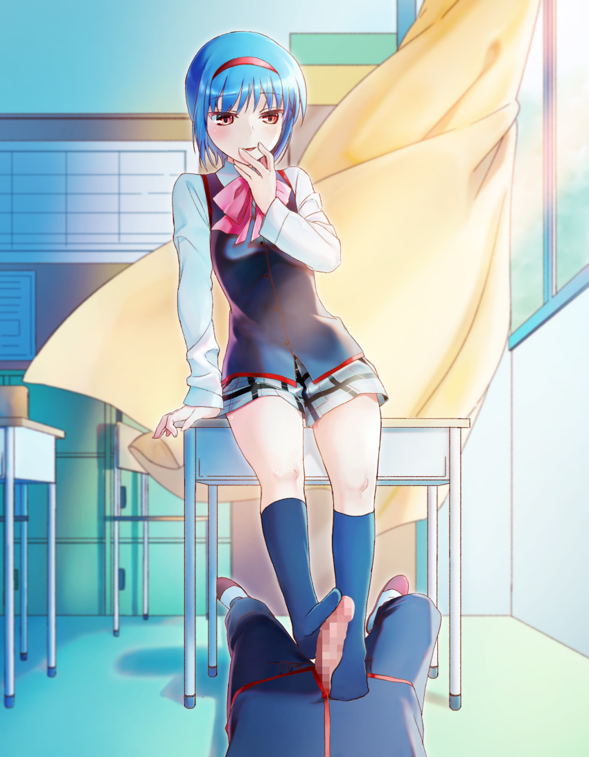 1boy absurdres arm_at_side arm_support bare_legs black_socks black_vest blue_hair blush bow censored classroom commentary commission curtains desk erection feet female finger_to_mouth footjob footjob_with_legwear full_body grey_skirt hair_between_eyes hairband hand_up highres kneehighs legs little_busters! little_busters!_school_uniform long_sleeves looking_at_penis looking_down lying miniskirt mosaic_censoring natsuoto_rito nishizono_midori no_shoes on_back open_mouth penis pink_bow plaid plaid_skirt red_eyes red_hairband school_desk school_uniform shirt short_hair skeb_commission skirt smile sock_fetish sockjob socks solo_focus standing summer_uniform thighs two-footed_footjob variant_set vest white_shirt wind