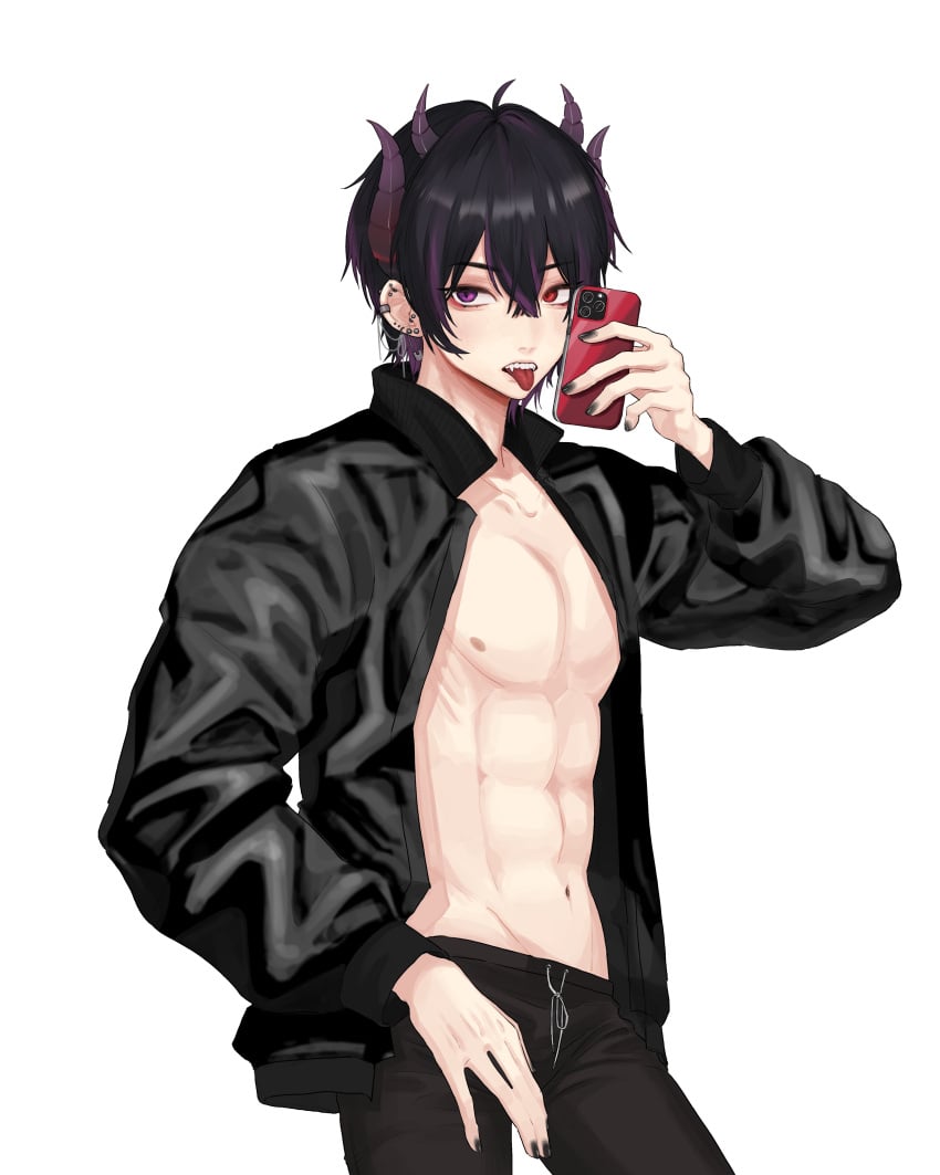 abs black_hair black_nail_polish black_nails demon demon_horns demon_humanoid demon_lord gay half-dressed incubus leather leather_jacket lip_piercing male male_only muscular muscular_male nail_polish piercing purple_eyes purple_hair red_eyes seductive seductive_pose shinichi_kai shinichi_kai_(vtuber) solo solo_focus solo_male tongue tongue_out twitch twunk virtual_streamer virtual_youtuber vtuber yaoi