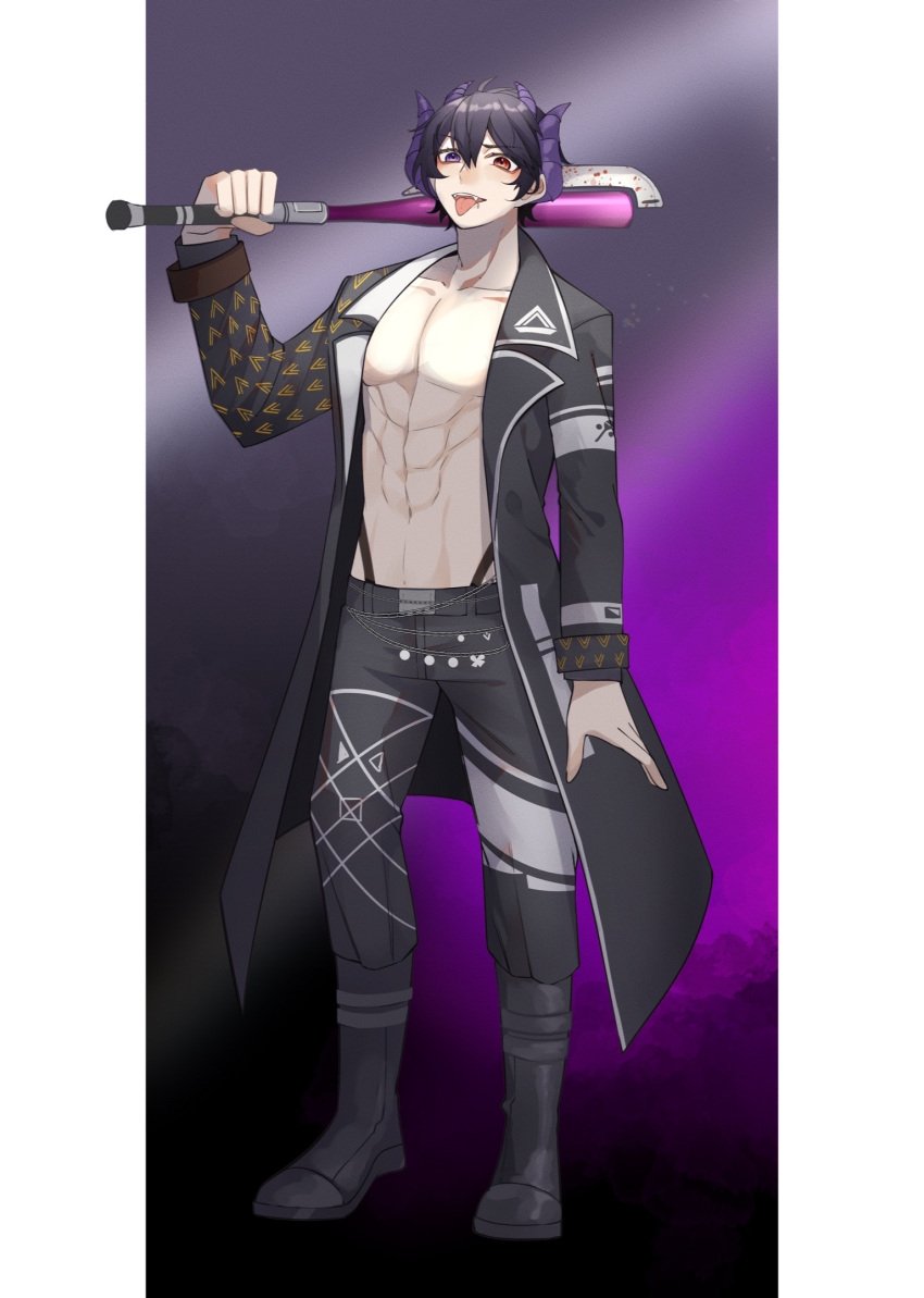 black_hair blood_on_weapon dbd dead_by_daylight demon demon_horns demon_humanoid demon_lord demon_male gay half-dressed incubus lip_piercing muscular muscular_male open_jacket piercing purple_eyes purple_hair purple_highlights red_eyes shinichi_kai shinichi_kai_(vtuber) solo solo_focus solo_male trickster twitch twunk virtual_streamer virtual_youtuber vtuber weapon yaoi