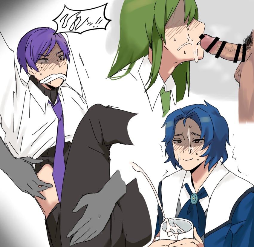 3boys blue_hair blush chesed clothed cum_in_cup gagged gay green_hair library_of_ruina lukeskyluke_i_want_you<3 netzach penis_on_lips project_moon purple_hair touching yesod